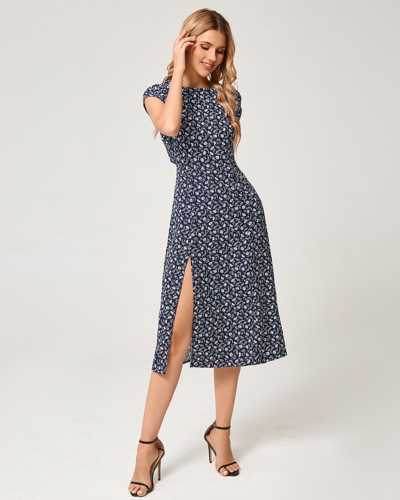 Blue Floral Cap Sleeve Midi Dress