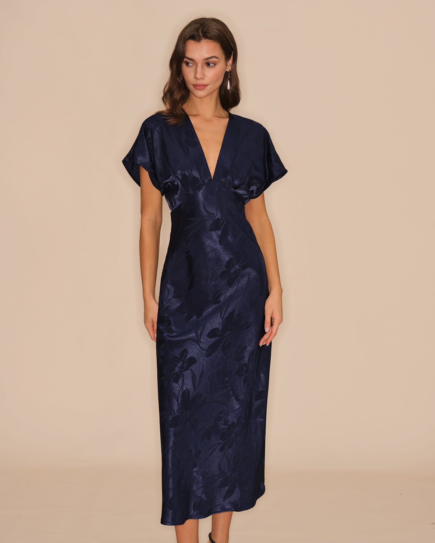 Blue V Neck Jacquard Midi Dress