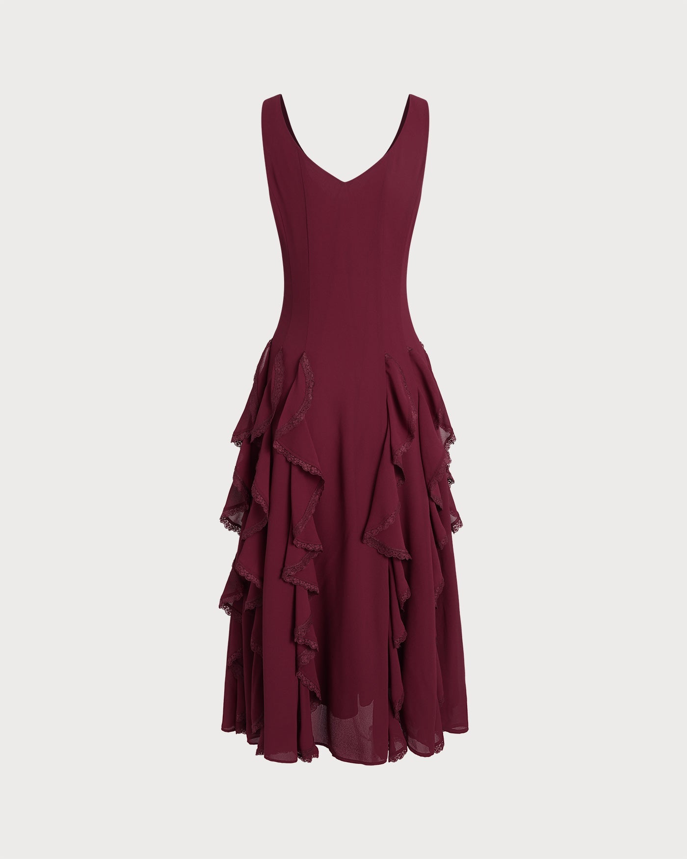 Red V Neck Ruffle Midi Dress