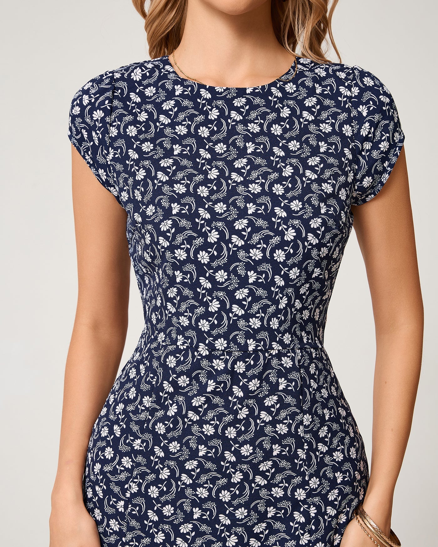 Blue Floral Cap Sleeve Midi Dress