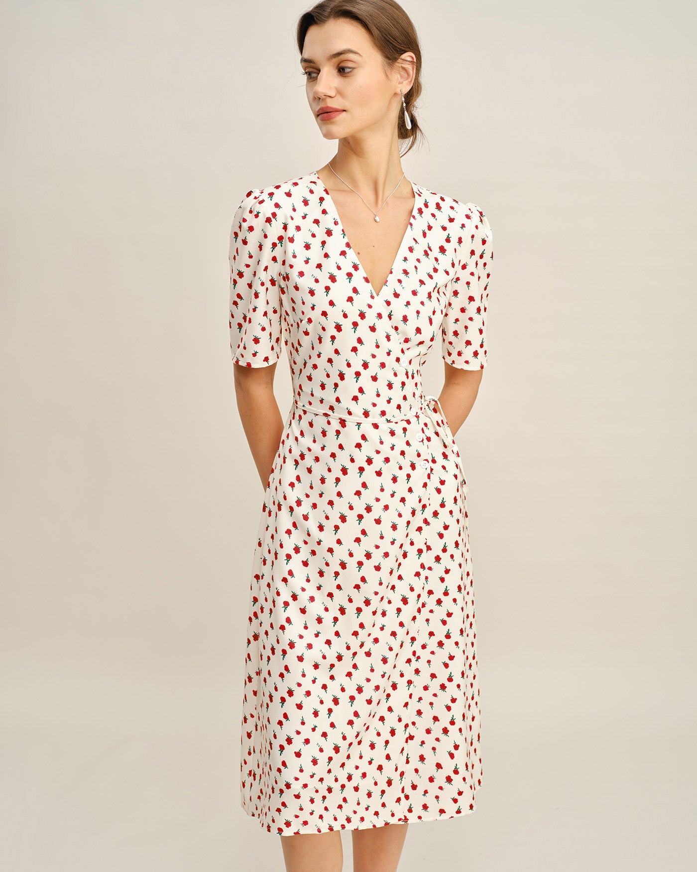 Apricot Floral V Neck Midi Dress