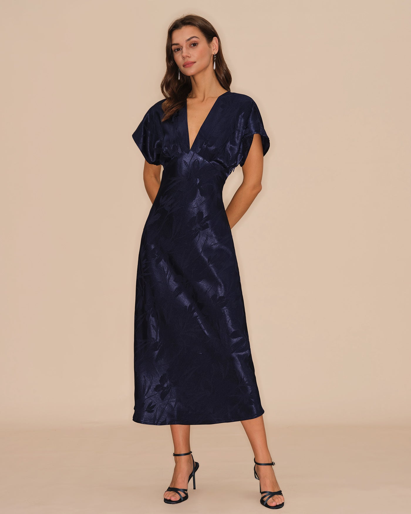 Blue V Neck Jacquard Midi Dress