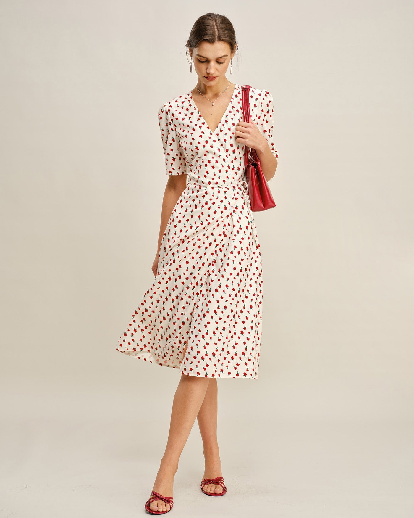 Apricot Floral V Neck Midi Dress