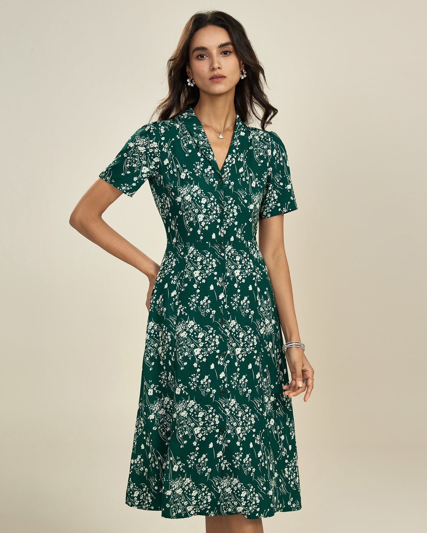 Green V Neck Floral Tunic Midi Dress