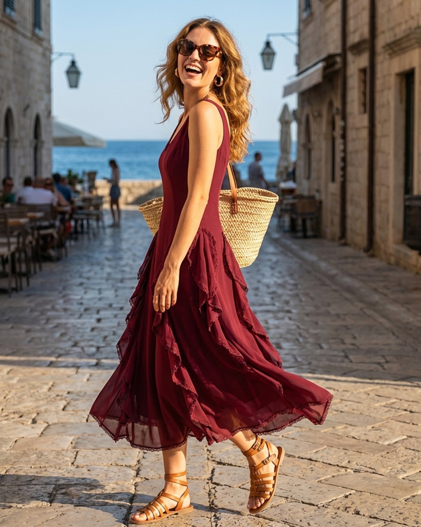 Red V Neck Ruffle Midi Dress