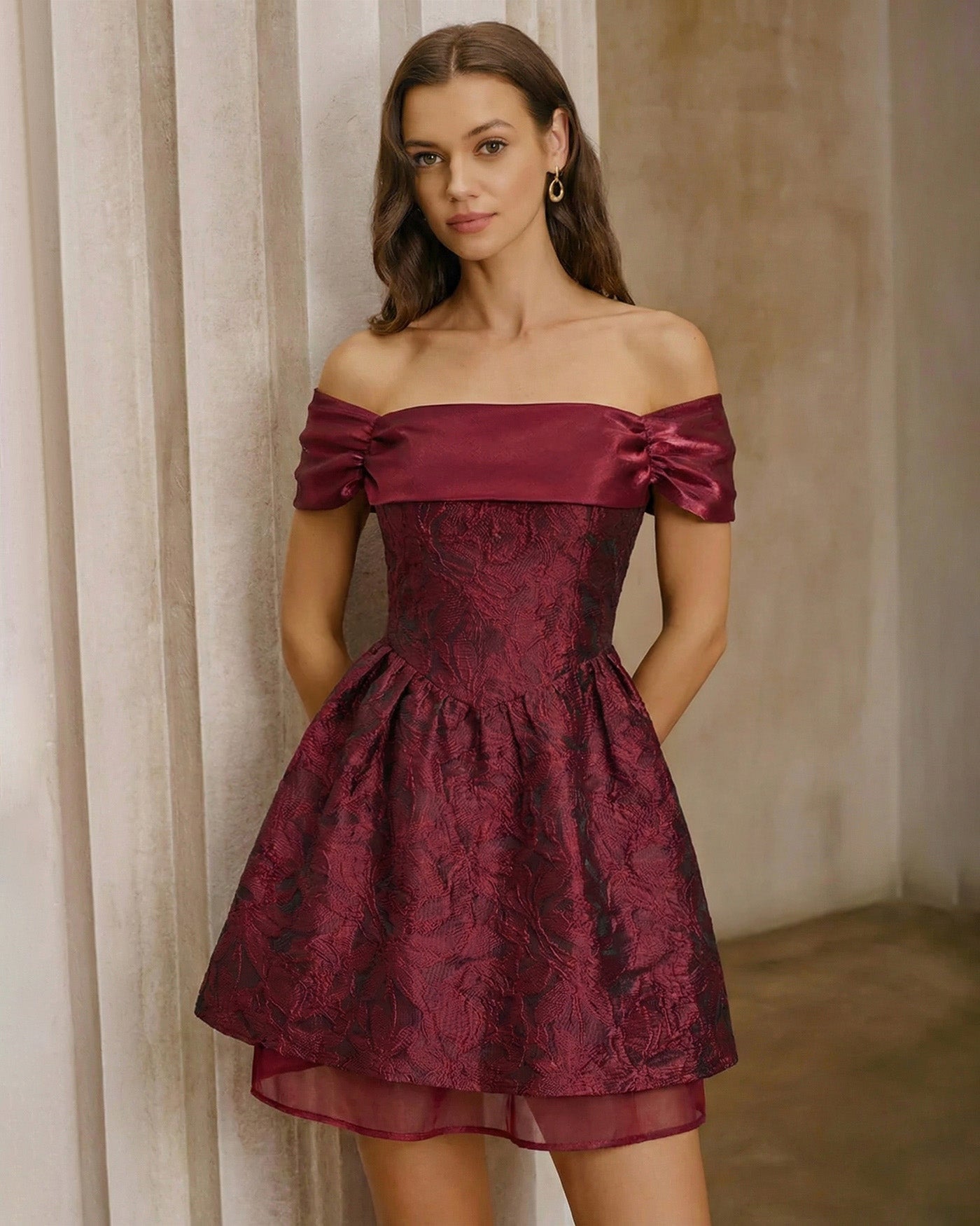 Red Jacquard Off The Shoulder Mini Dress