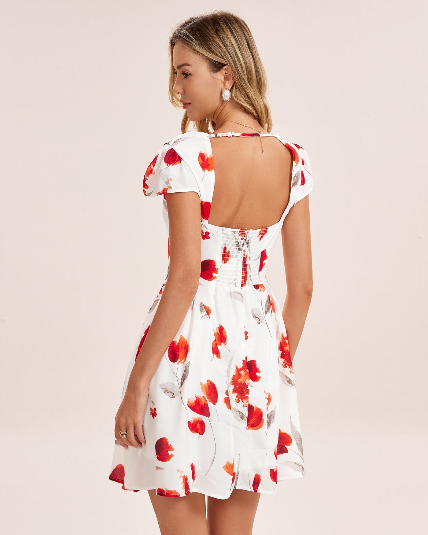 White Floral Shirred Mini Dress
