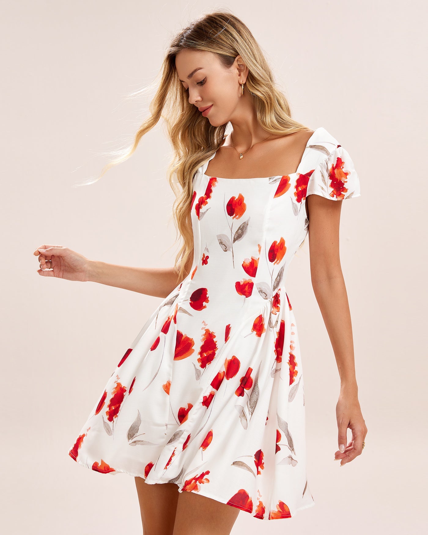 White Floral Shirred Mini Dress
