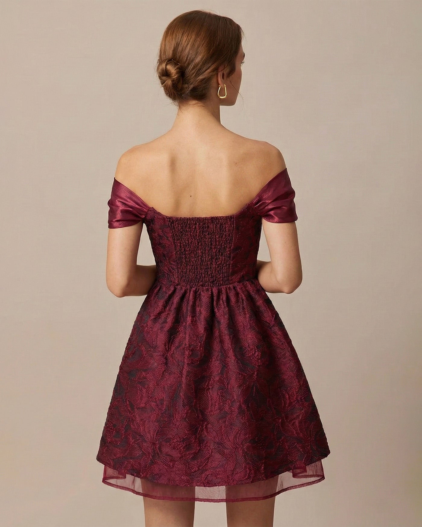 Red Jacquard Off The Shoulder Mini Dress