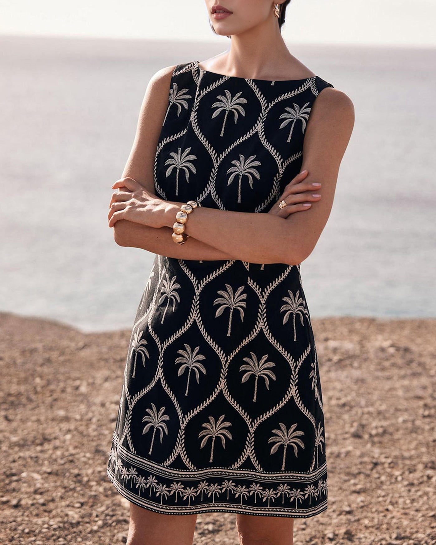 Black Boat Neck Floral Mini Dress