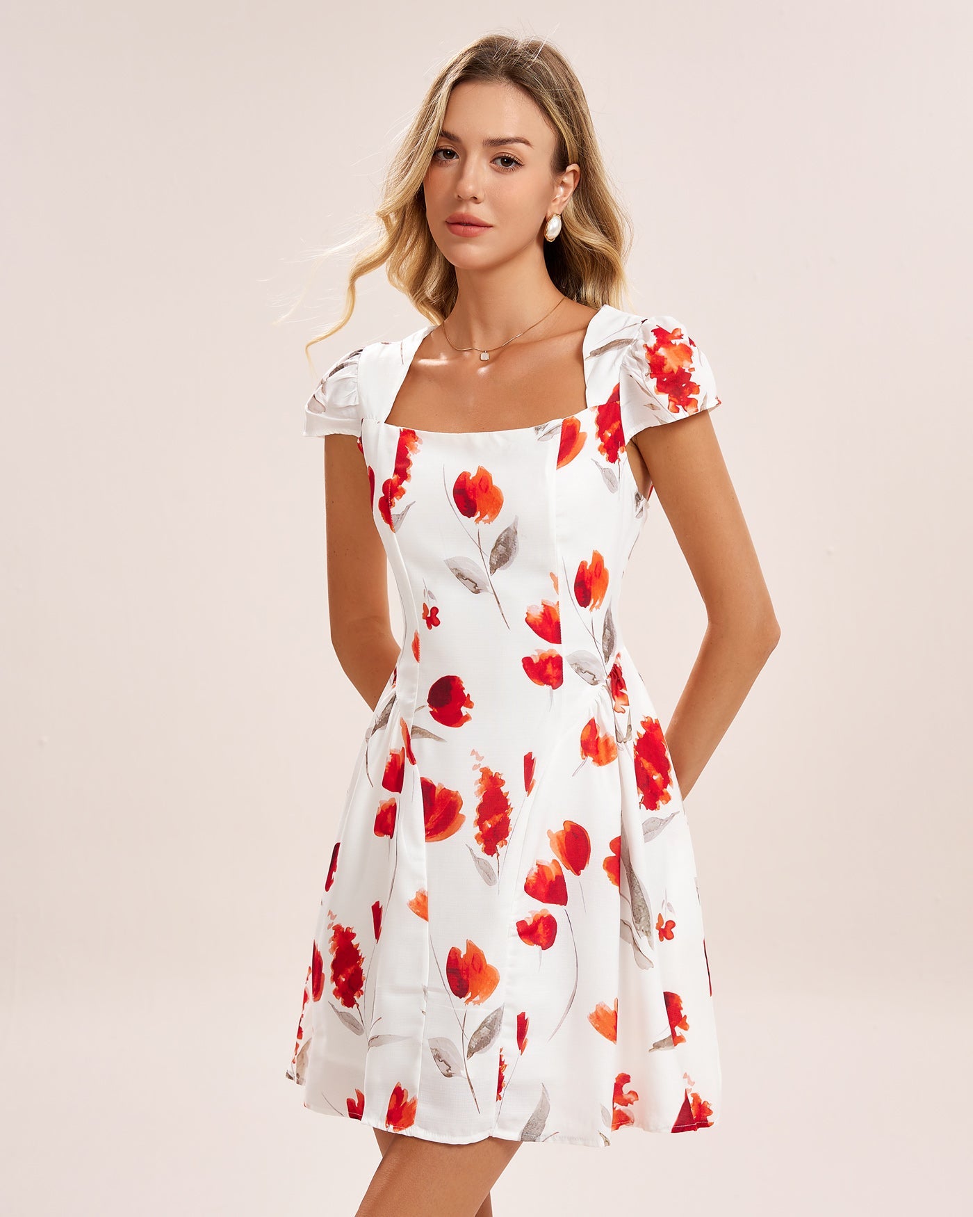 White Floral Shirred Mini Dress