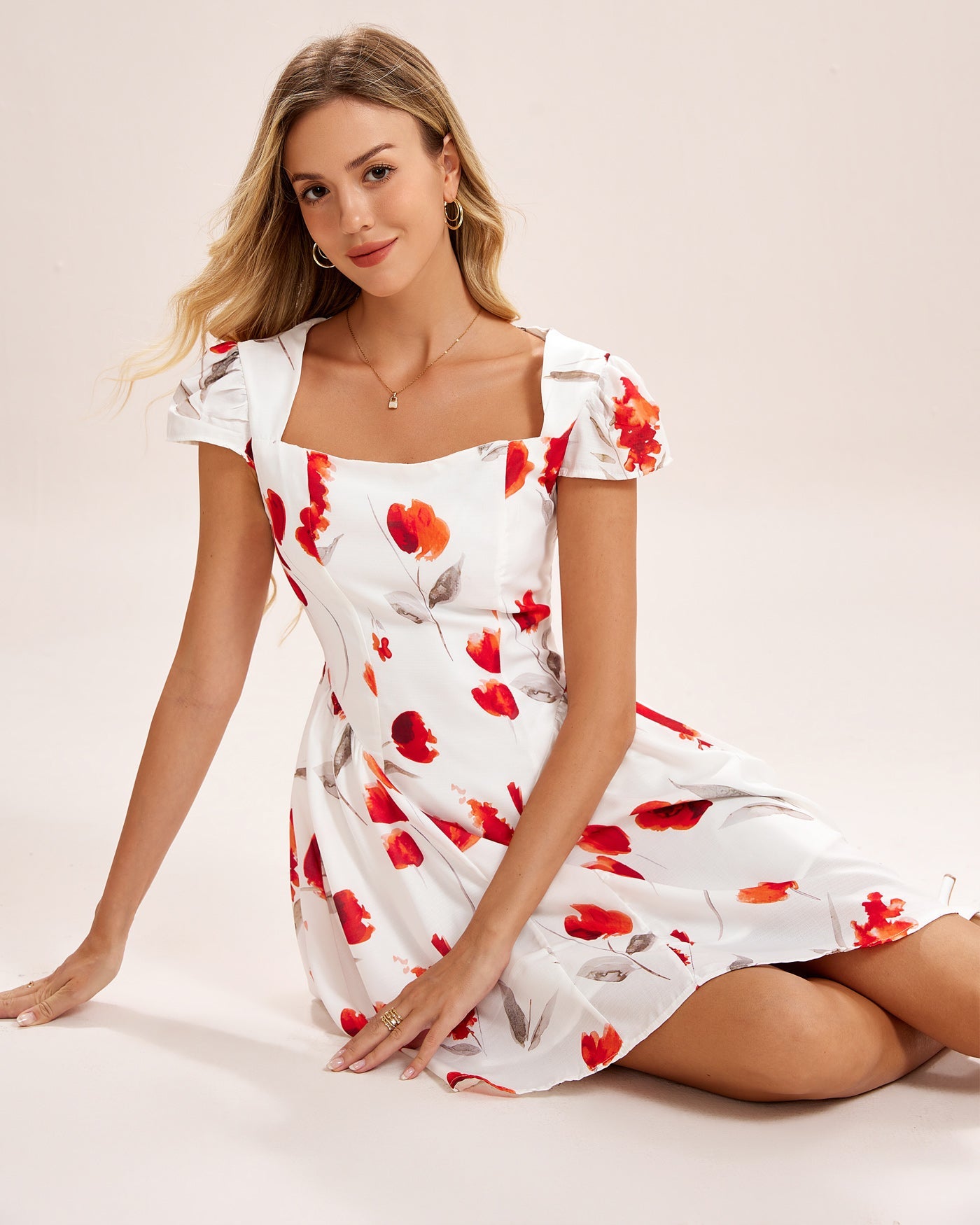 White Floral Shirred Mini Dress