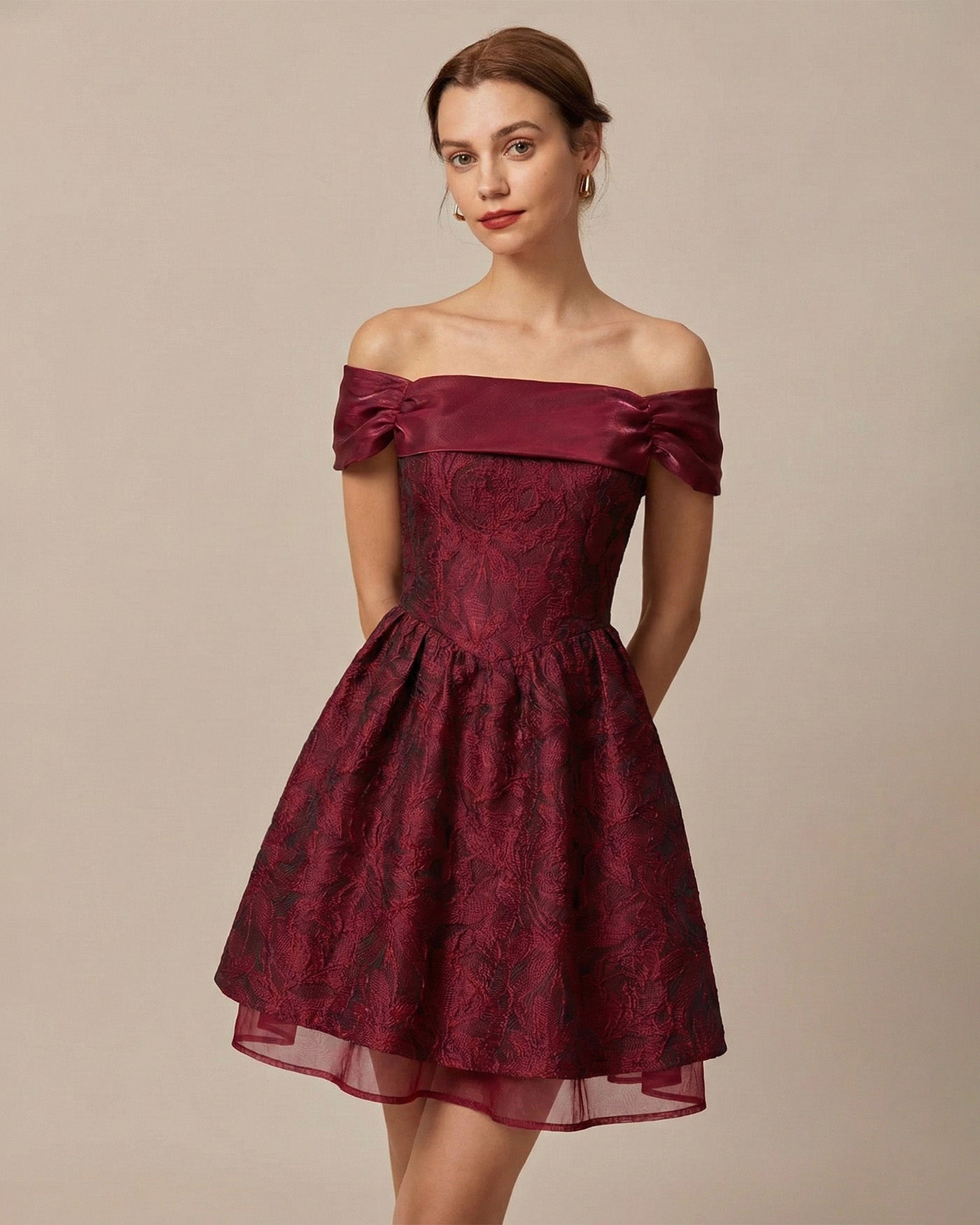 Red Jacquard Off The Shoulder Mini Dress