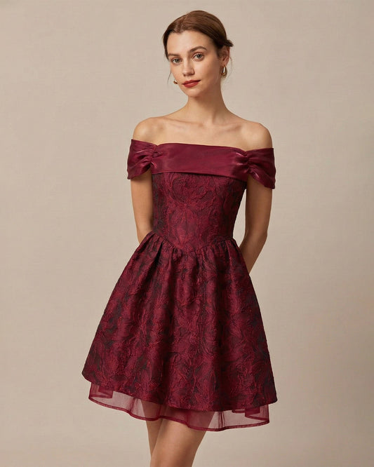 Red Jacquard Off The Shoulder Mini Dress
