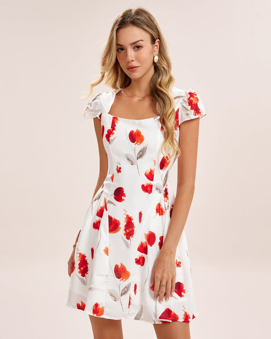 White Floral Shirred Mini Dress