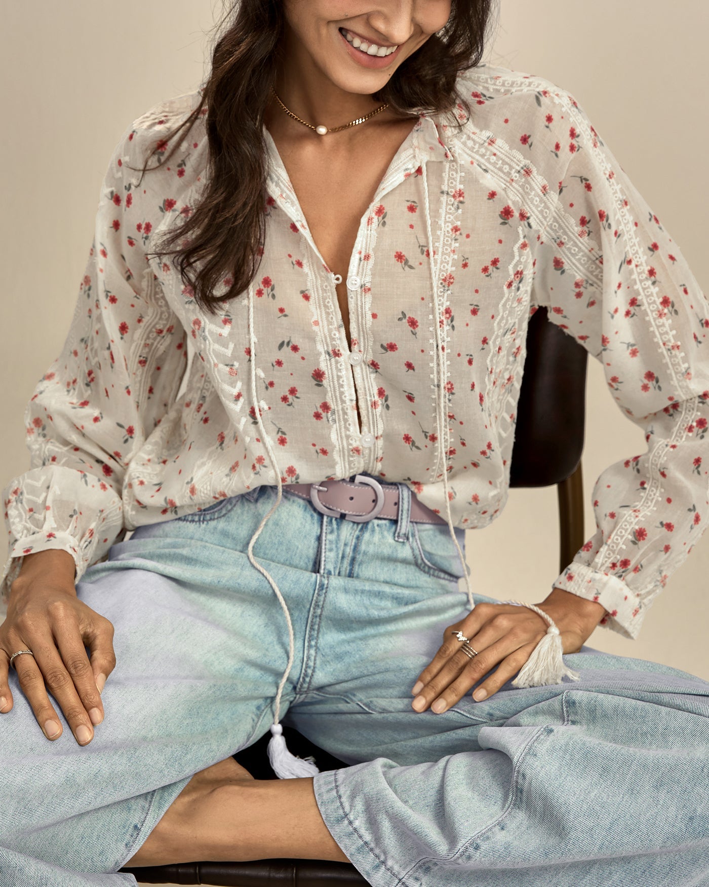 Apricot Floral Bishop Sleeve Shirt