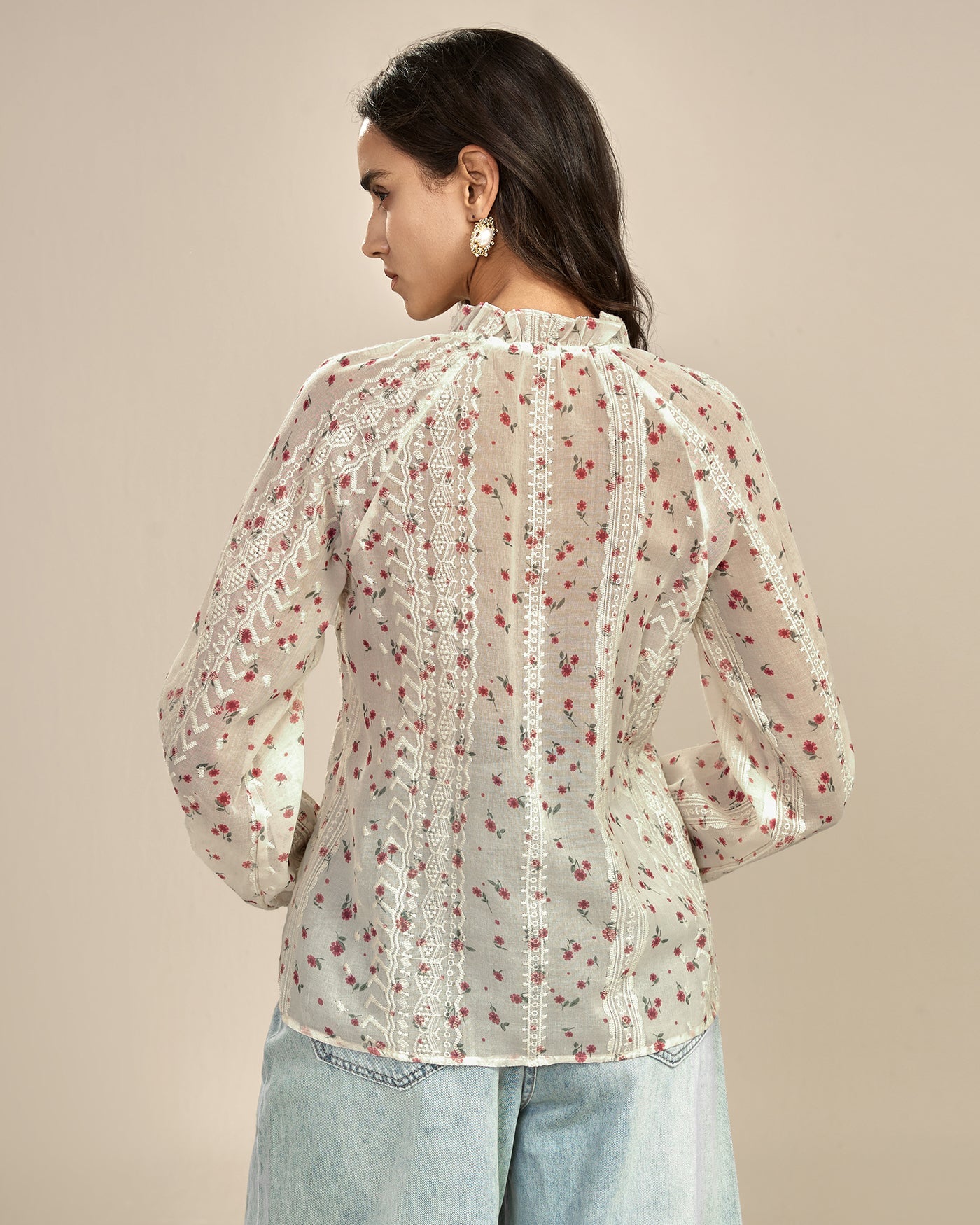 Apricot Floral Bishop Sleeve Shirt