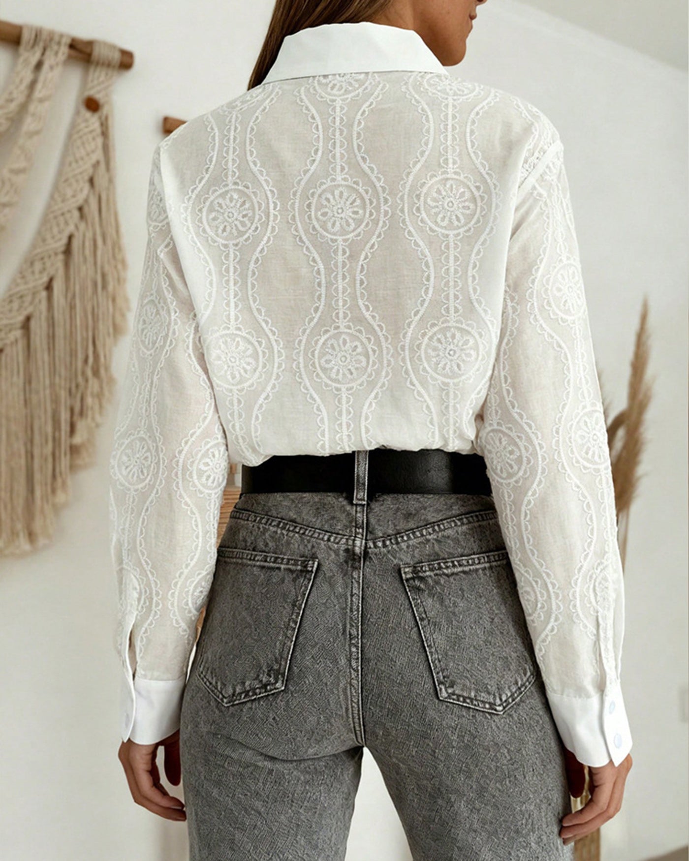 White Textured Button Collar Shirt