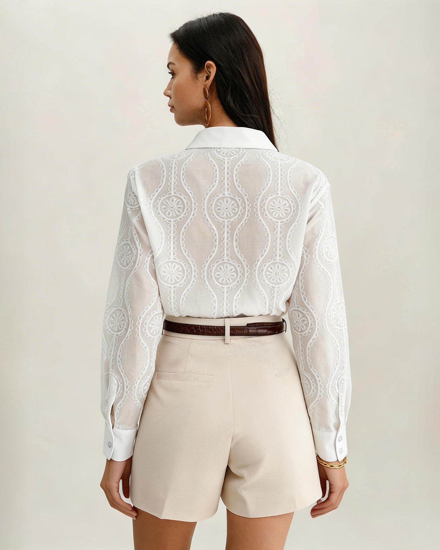 White Textured Button Collar Shirt