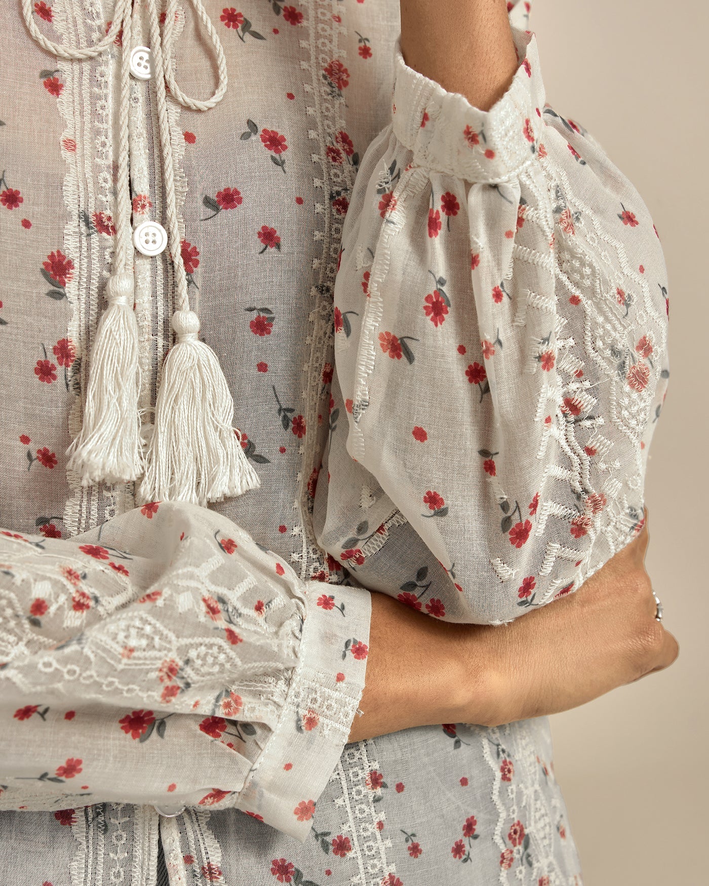 Apricot Floral Bishop Sleeve Shirt