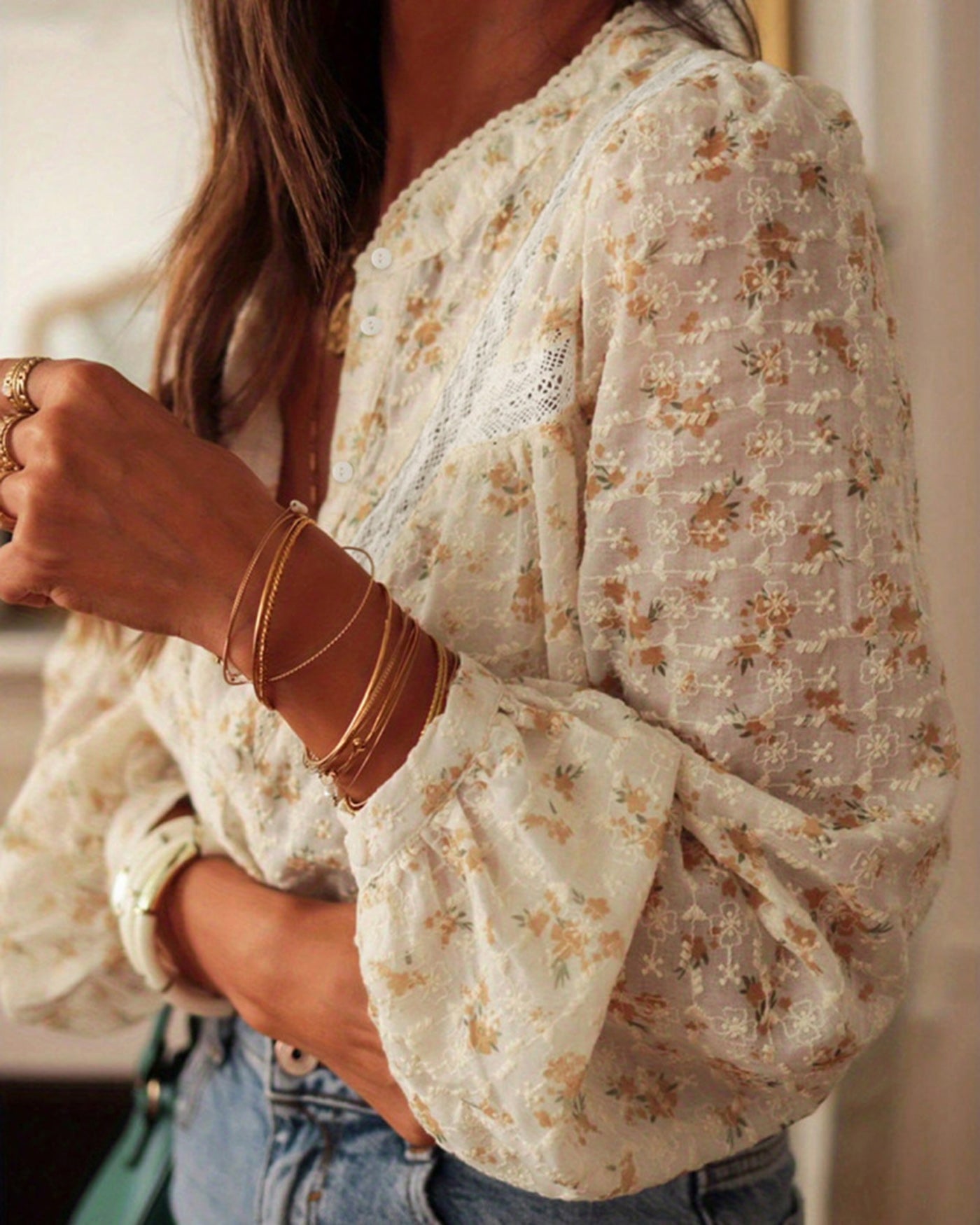 Apricot V Neck Floral Shirt