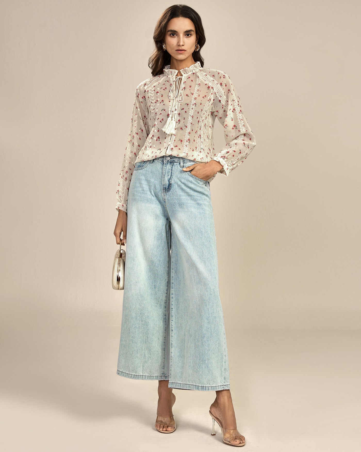 Apricot Floral Bishop Sleeve Shirt