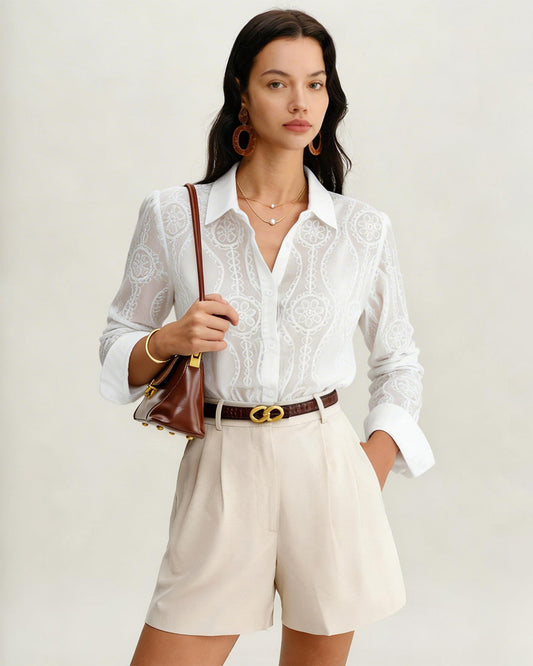 White Textured Button Collar Shirt