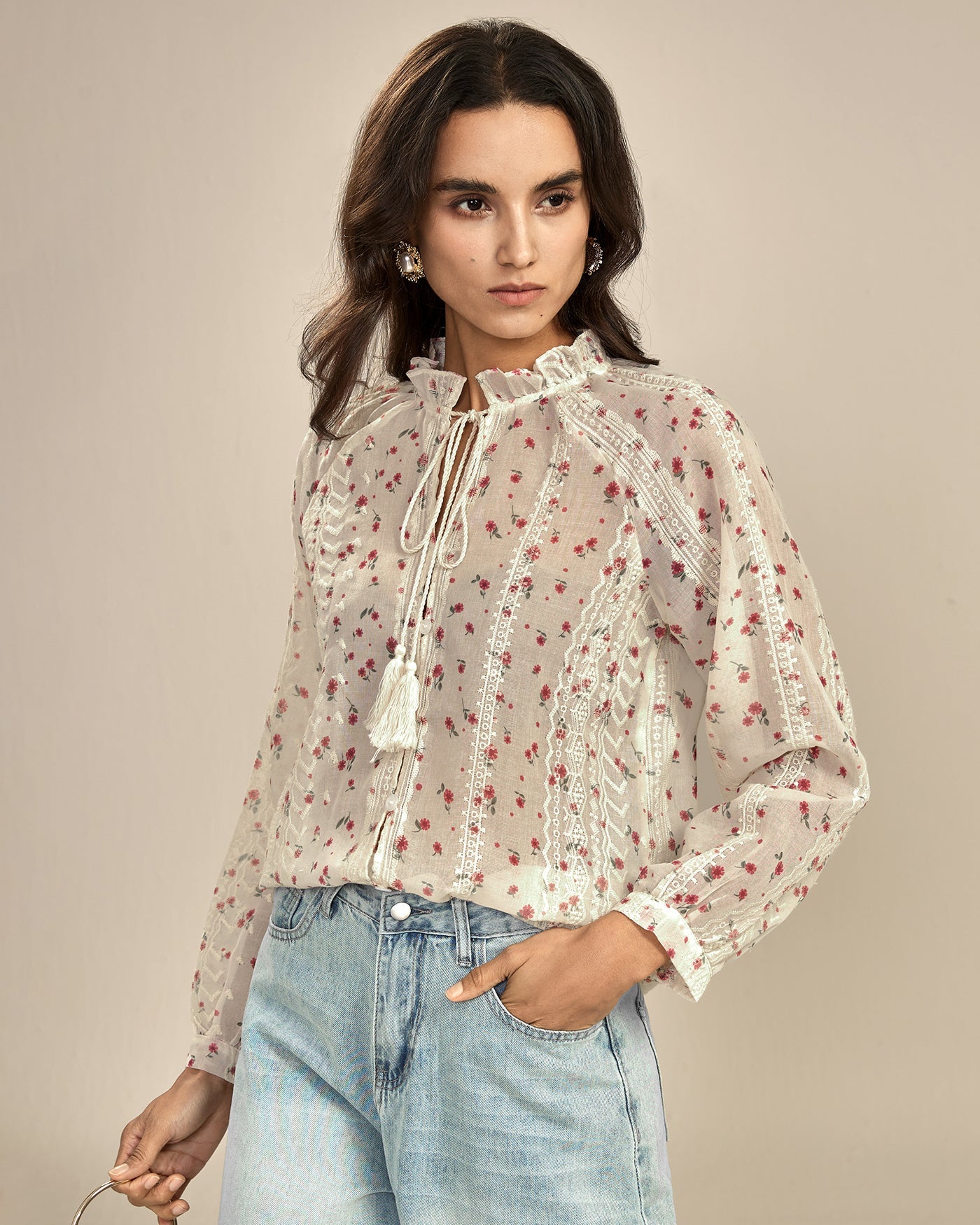 Apricot Floral Bishop Sleeve Shirt