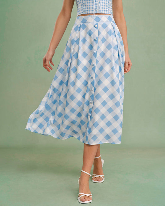 Blue Plaid Button Midi Skirt