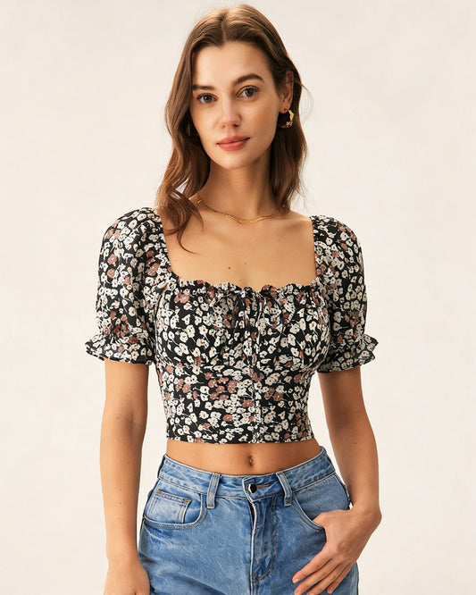 Black Square Neck Floral Tee