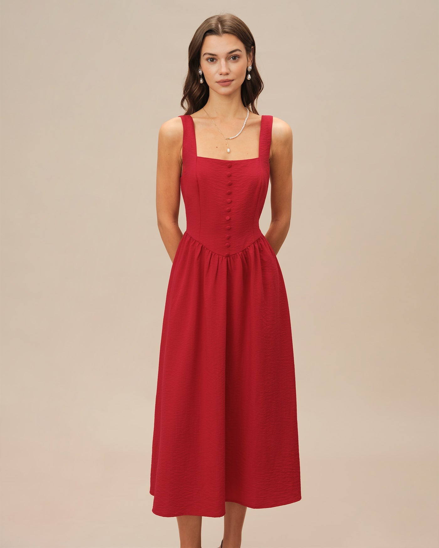 Red Square Neck Midi Dress